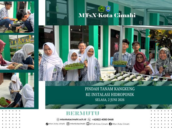 Duta PLH Kelas 9 Laksanakan Pindah Tanam Kangkung di Instalasi Hidroponik Baru MTsN Kota Cimahi