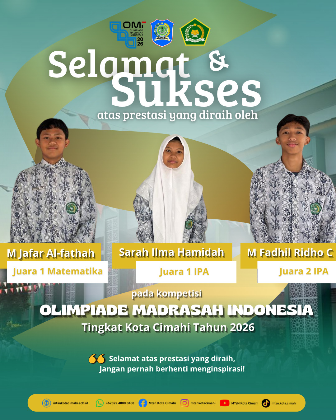 Tiga Siswa MTsN Kota Cimahi Ukir Prestasi Gemilang di OMI 2026, Dominasi IPA dan Matematika Tingkat Kota